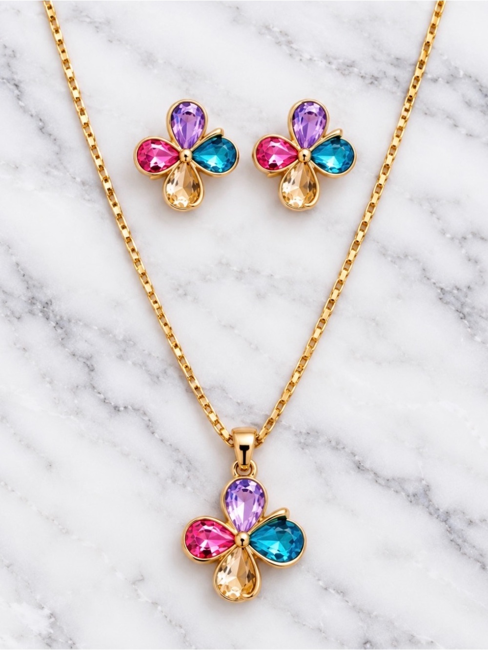 Multicolor Rhinestone Flower Pendant Necklace & Earring Set - Gold Tone